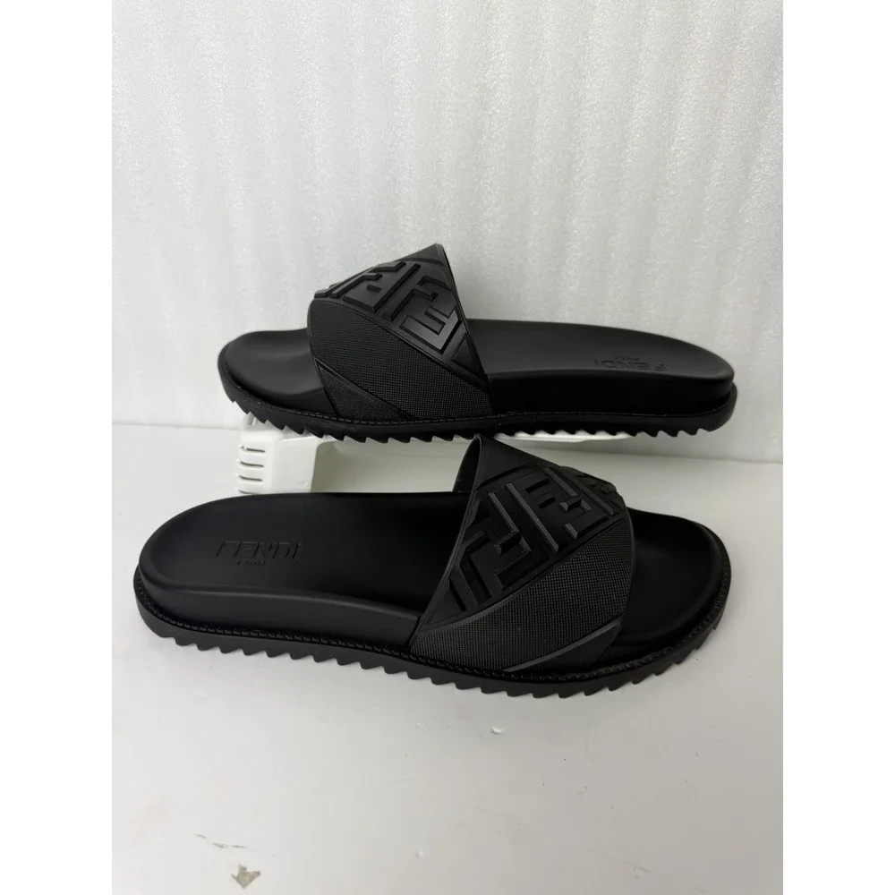 Fendi Men's FF Diagonal Logo Print Slides Men's Size 13 Black (Authenticated)